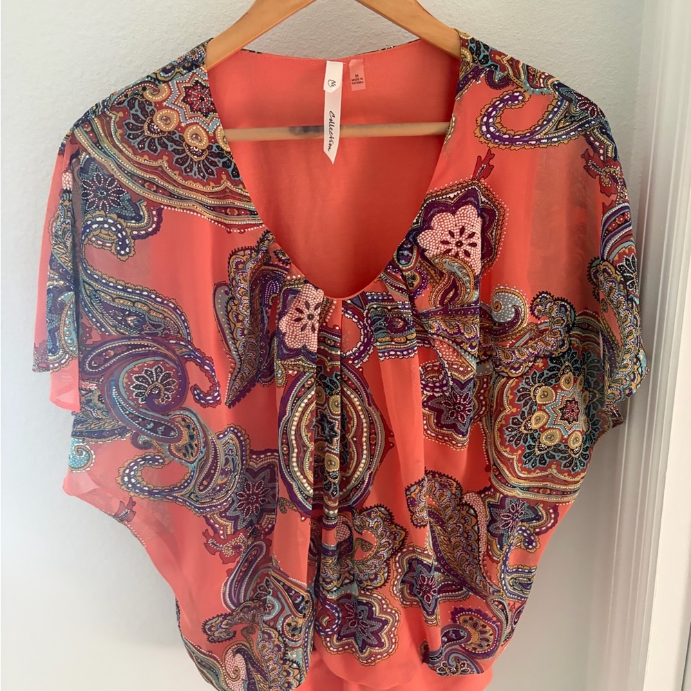 JM Collection Vibrant Orange Paisley Blouse